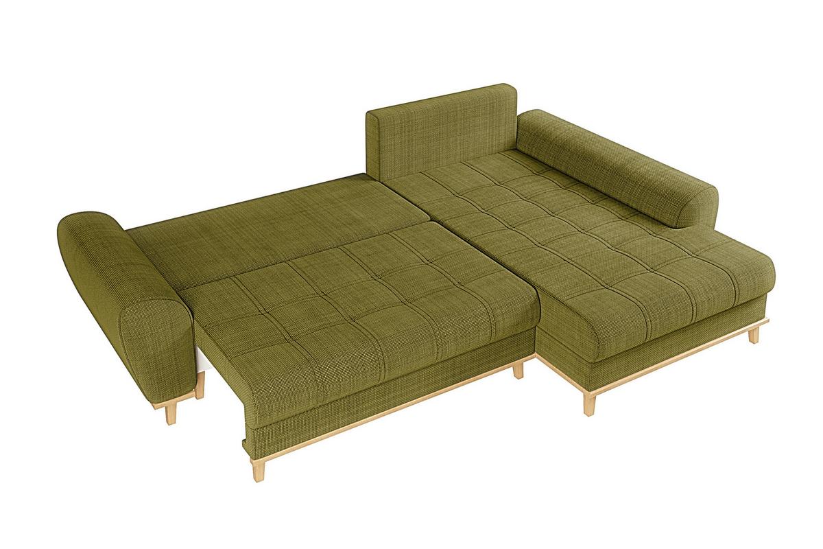 ECKSOFA im Scandi-Stil, Schlaffunktion, Bettkasten B268/T175/H86 cm, Ottomane rechts, Liegefl. 128x209 cm, Bouclé Chenille Stoff in Grün / 21015 - Eichefarben/Grün, Holz/Textil (268/175cm) - luma-home