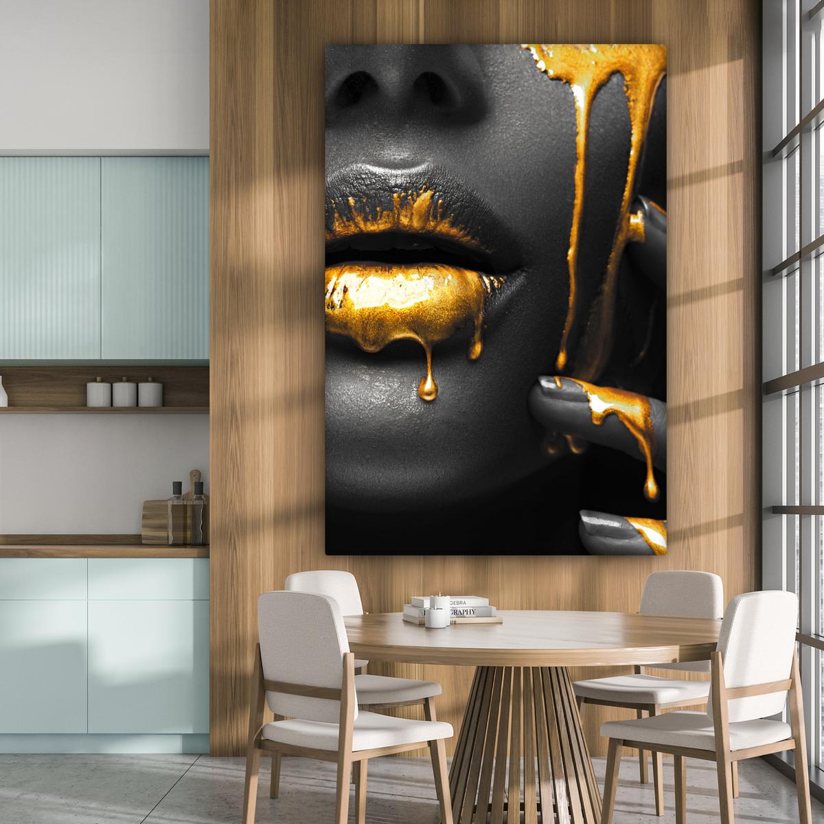 LEINWANDBILD Frau - Schwarz - Gold - Gesicht - Lippen Deko Groß 90x140 cm - Goldfarben, Textil (90/140cm) - MuchoWow