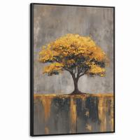 LEINWAND Bilder mit Rahmen - Baum - Blätter - Gold - Abstrakt - 100x150 - Grau, Textil (100/150cm) - MuchoWow