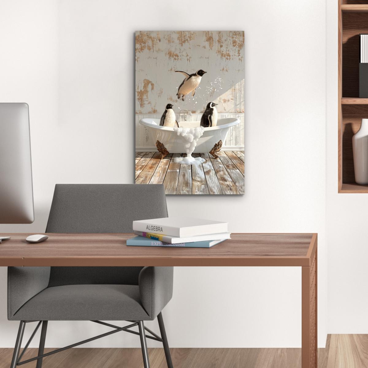 METALLBILD Vintage - Pinguin - Badewanne - Schaumstoff Deko Schlafzimmer 40x60 cm - Schwarz, Metall (40/60cm) - MuchoWow