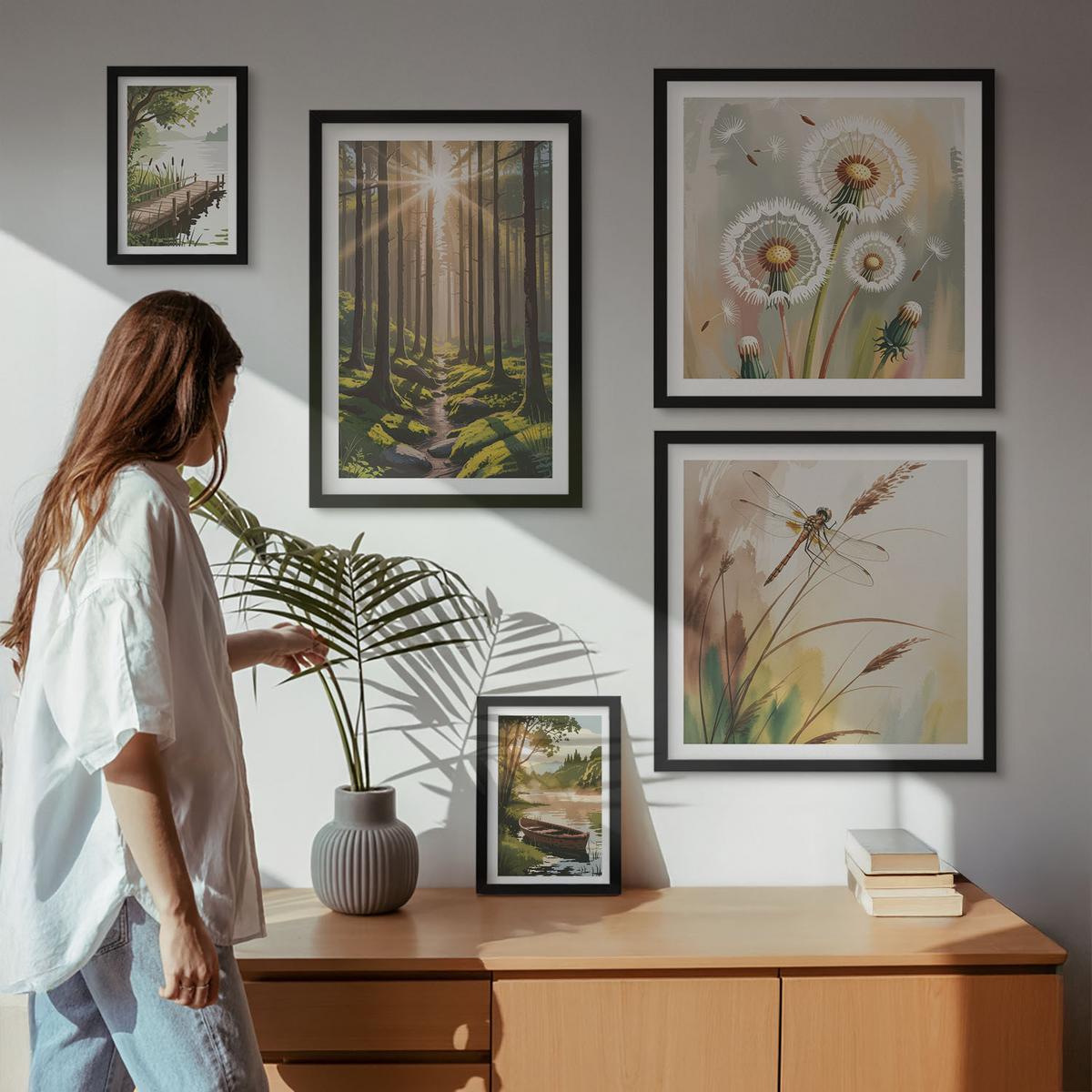 BILDER SET 5er Set - 50x50 cm & 20x30 cm & 40x60 cm Schwarzer Rahmen - See, Wald, Boot, Morgennebel - Schwarz, Kunststoff (40/60cm) - TULUP