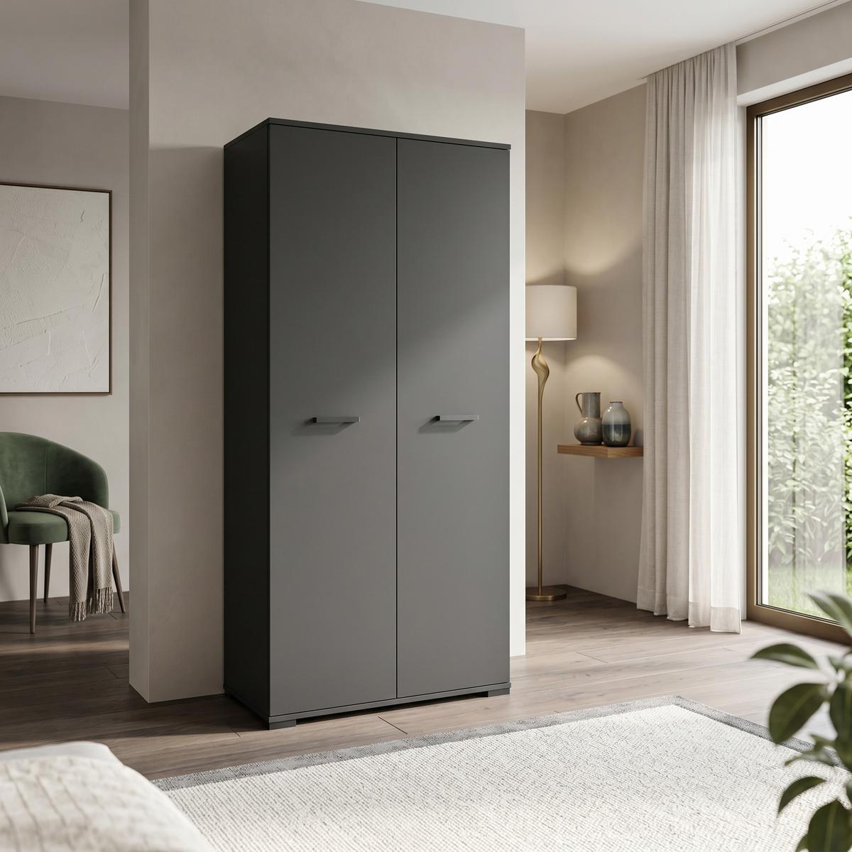 DREHTÜRENSCHRANK ALBANO 90/186/56cm 2-türig Schwarz - Schwarz, Holzwerkstoff (90/186/56cm) - MASSENO