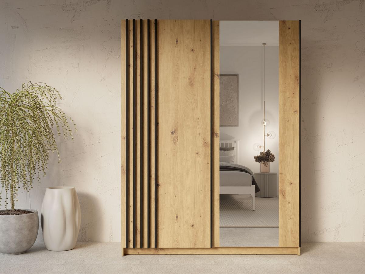 SCHWEBETÜRENSCHRANK RANOR 150,6/198,5/62cm 2-türig mit Spiegel Eiche Artisan - Schwarz/Eiche Artisan, Holzwerkstoff (150.6/198.5/62cm) - MASSENO