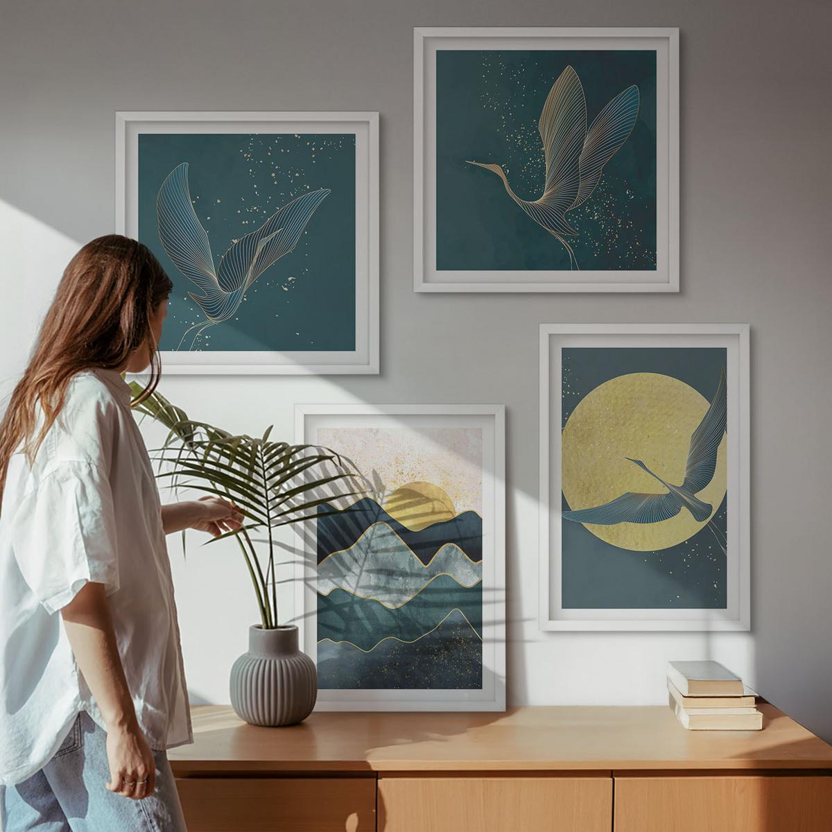 BILDER SET 4er Set - 50x50 cm & 40x60 cm Weißer Rahmen - Vögel, Kraniche, Mond, Berge - Weiß, Kunststoff (50/50cm) - TULUP