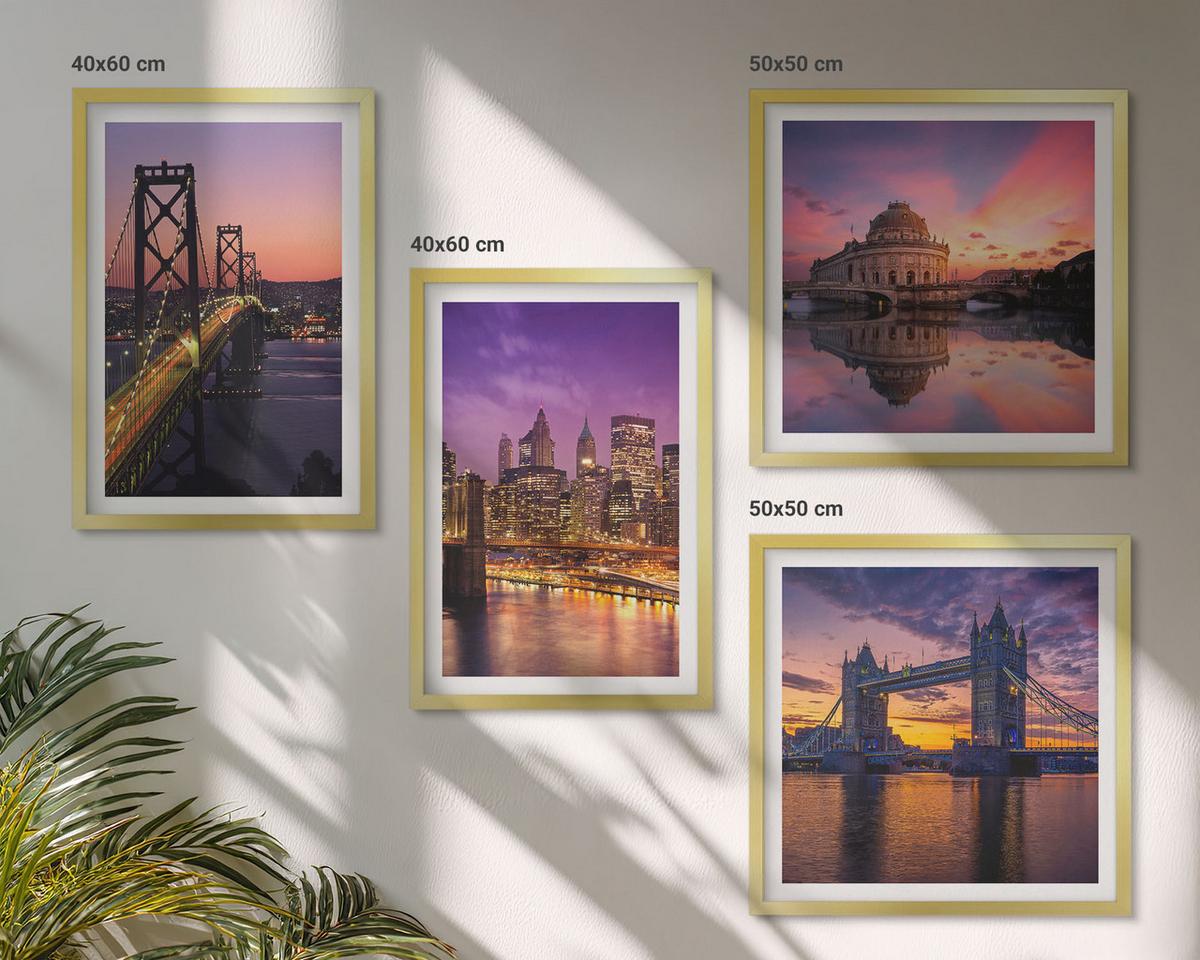 BILDER SET 4er Set - 50x50 cm & 40x60 cm Goldrahmen - Brücken, Sonne, Stadtblick - Goldfarben, Kunststoff (50/50cm) - TULUP