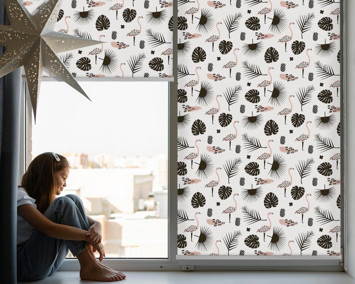 INNENROLLO - Fensterrollo - Rollo - 100x180 cm - Flamingos und Blätter - Schwarz, Kunststoff (100/180/0.5cm) - TULUP