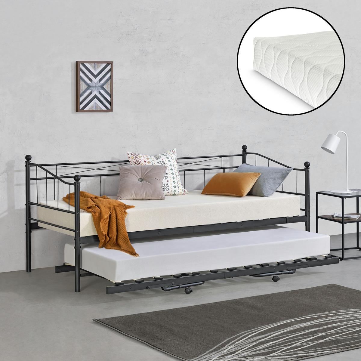 TAGESBETT Skutskär mit 2 Matratzen - Schwarz, Textil/Metall (90/200cm) - [en.casa]