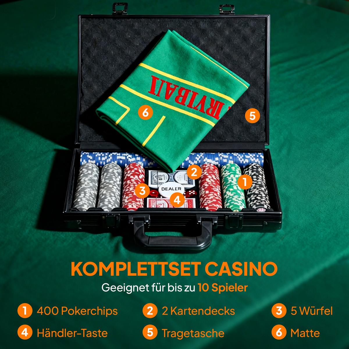 POKERKOFFER mit 400 Chips 11,5 Gramm 2 Kartendecks 5 Würfeln - Grau, Kunststoff (28/39.5cm) - SPORTNOW
