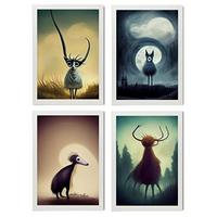 POSTER Set mit 4 Wald Tier im T Burton Goth Stil A3 Weißer Rahmen - Weiß, Papier (29.7/3cm) - Nacnic