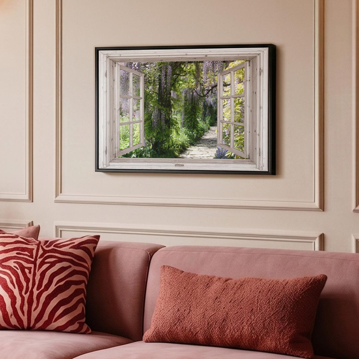 LEINWAND Bilder mit Rahmen - Blauer Regen - Blumen - Aussicht - Baum - Frühling - 60x40 - Grün, Textil (60/40cm) - MuchoWow