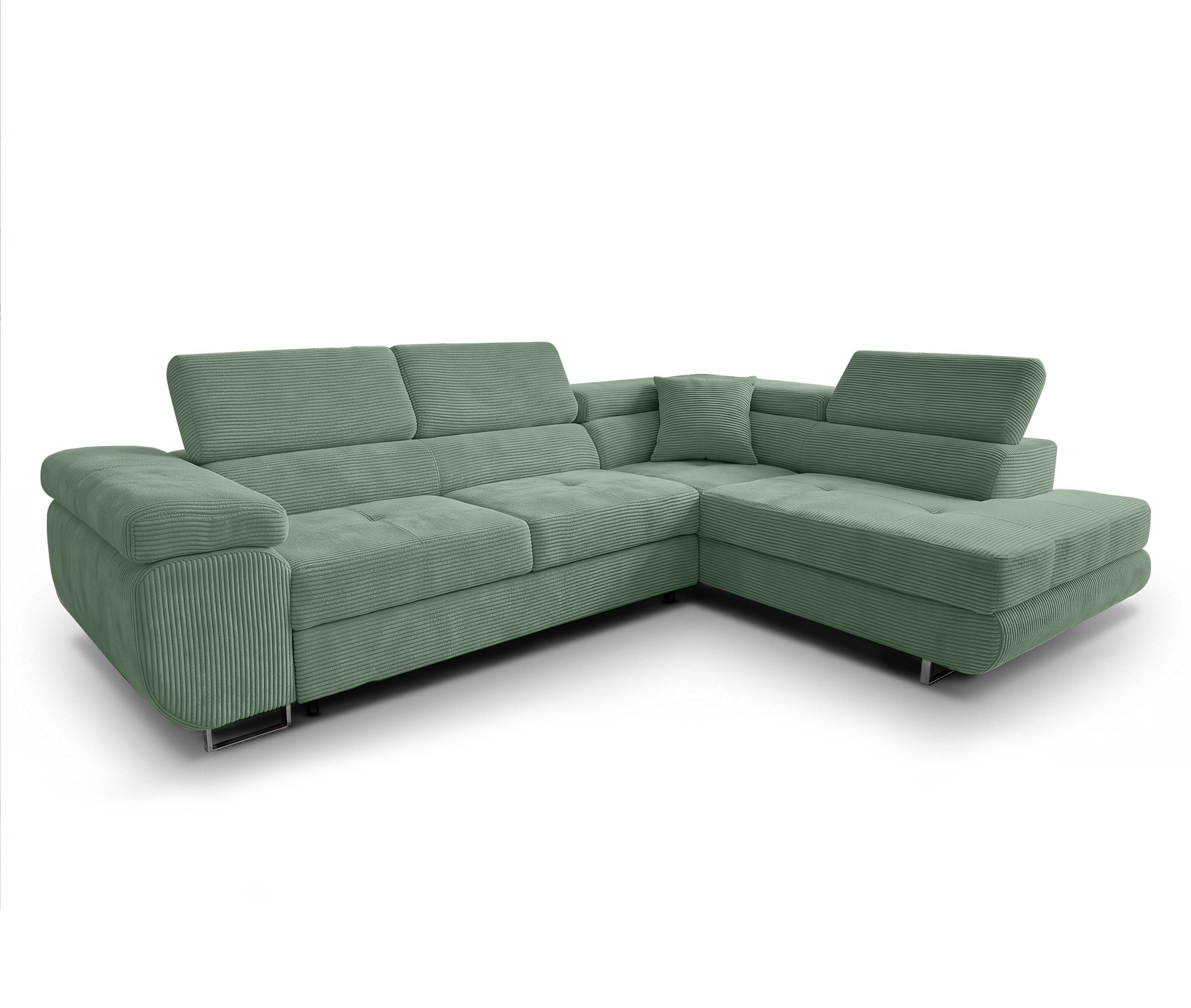 ECKSOFA L Form Konak Salbeigrün 276/201/90 cm Rechts mit Schlaffunktion - Salbeigrün/Silberfarben, Textil/Metall (276/203cm) - AX Living