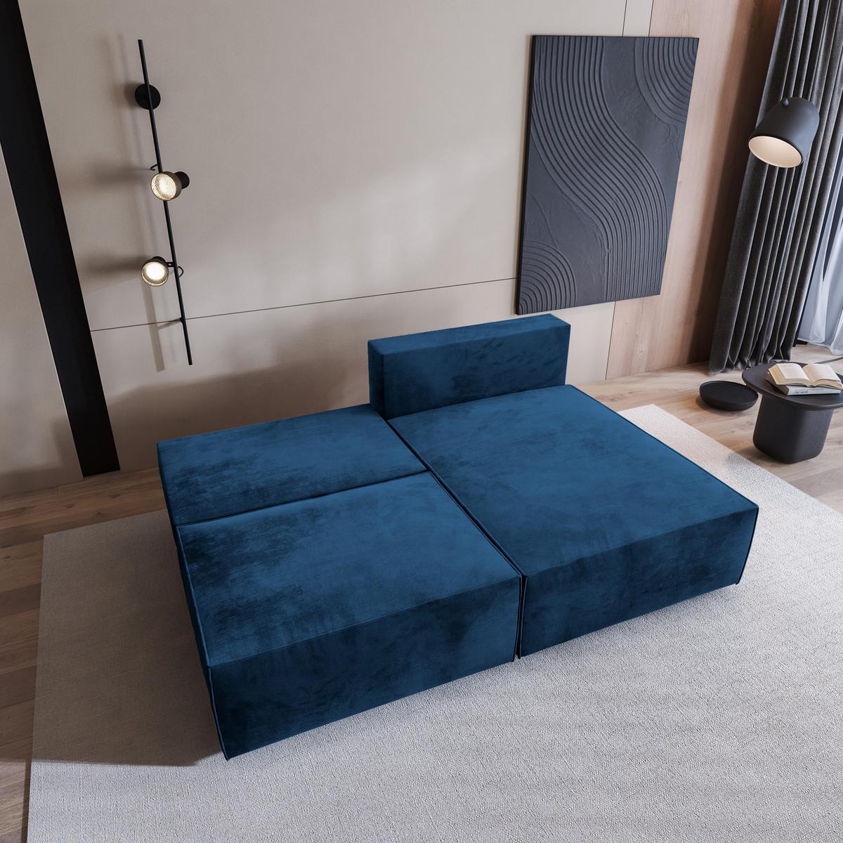 ECKSOFA FIORO M Blau Velours-Stoff mit Schlaffunktion - Blau/Grau, Holz/Kunststoff (204/148cm) - MASSENO