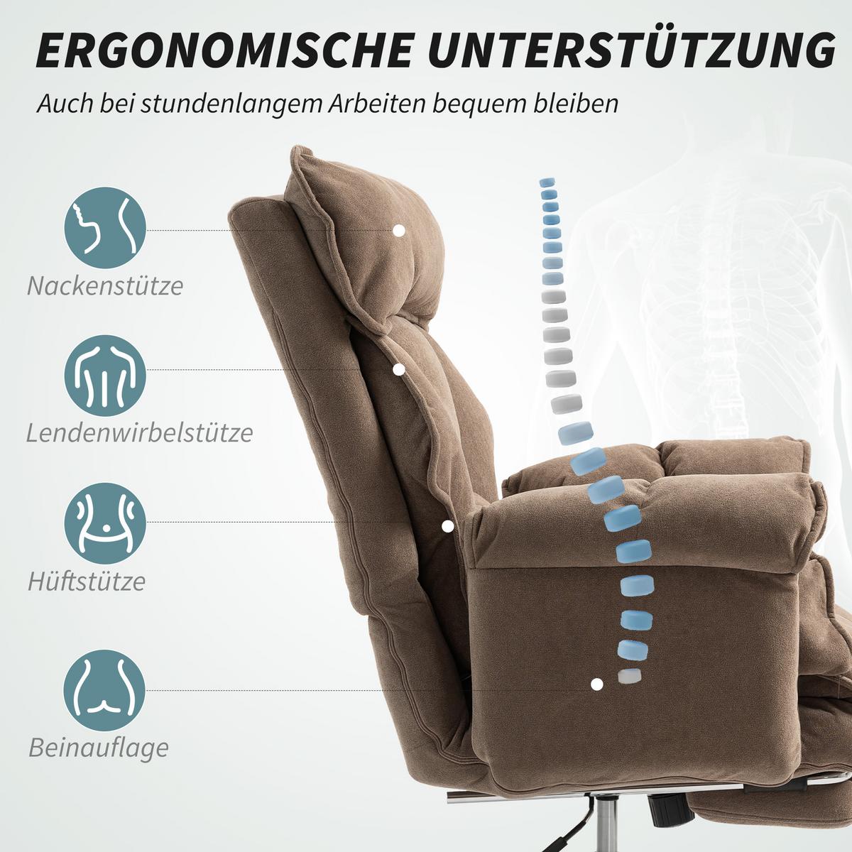 BÜROSTUHL Ergonomischer Schreibtischstuhl mit doppellagiger Polsterung Fußstütze - Hellbraun/Silberfarben, Textil/Metall (80/114/80cm) - HOMCOM
