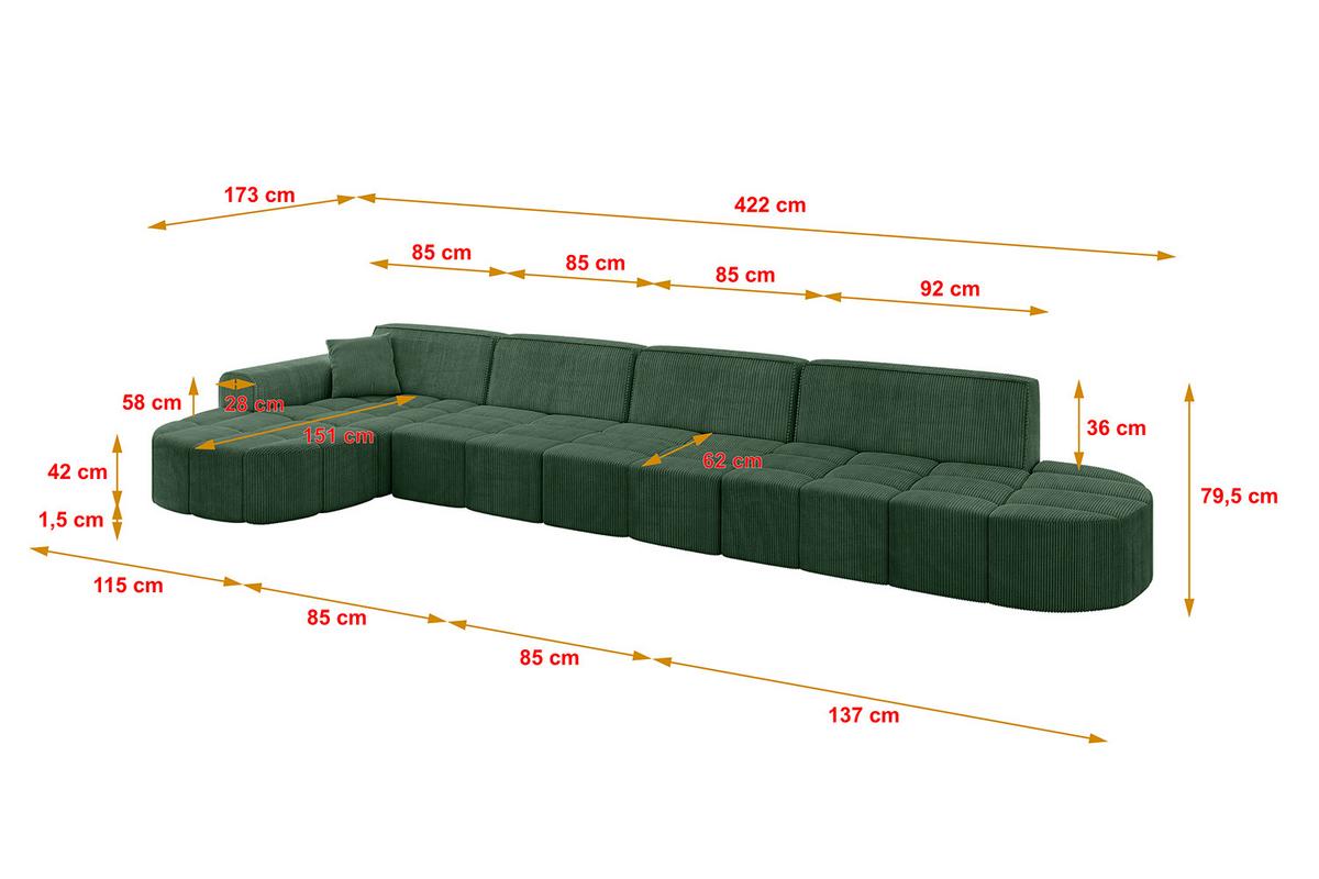 ECKSOFA Ottomane Links LIVO-L3 - 422x173x79,5 cm Grün - Grün, Holzwerkstoff/Textil (422/173cm) - ALTDECOR
