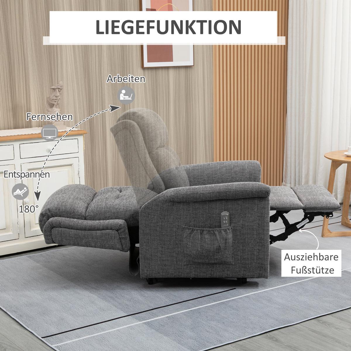 FERNSEHSESSEL mit Aufstehhilfe, Grau - Schwarz/Grau, Textil/Metall (87/108/92cm) - HOMCOM