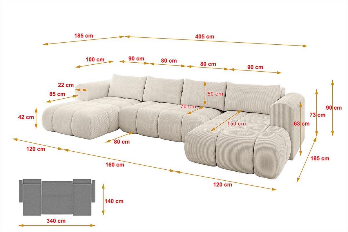WOHNLANDSCHAFT CLOUD-U 405x185x90 Beige Cord - Beige, Holzwerkstoff/Kunststoff (405/90/185cm) - ALTDECOR