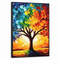 LEINWAND Bilder mit Rahmen - Baum - Kunst - Natur - Sonnenuntergang - 50x70 - Multicolor, Textil (50/70cm) - MuchoWow