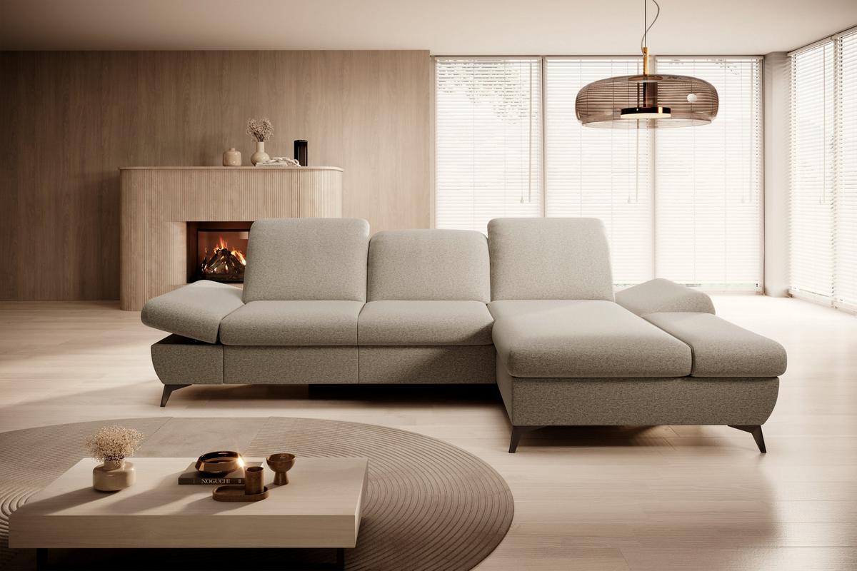ECKSOFA FELICE R-S Beige Geflochtener Stoff mit Schlaffunktion - Beige, Holz (284/166cm) - MASSENO