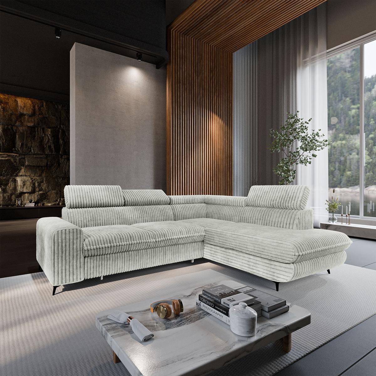 ECKSOFA VELISS Hellgrau Kordstoff mit Schlaffunktion - Hellgrau, Holz (255/193cm) - MASSENO