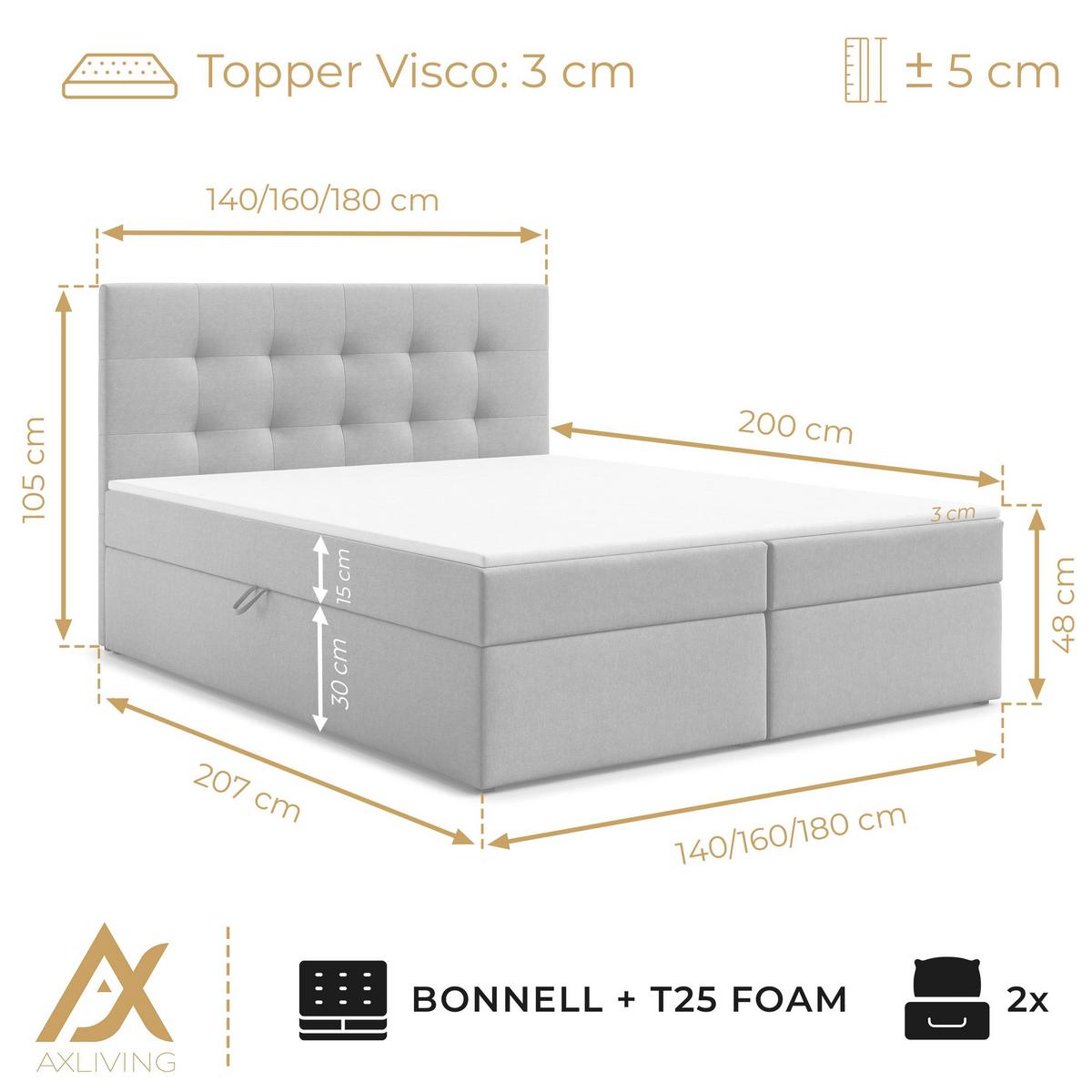 BOXBETT GALATA 160x200 cm mit Bettkasten und Matratze - Grau + TOPPER - Schwarz/Grau, Holz/Holzwerkstoff (160/200cm) - AX Living