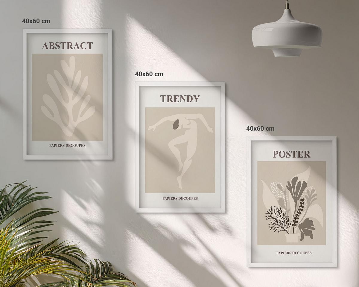 BILDER SET 3er Set - 40x60 cm Weißer Rahmen - Blumenmuster beige braun - Weiß, Kunststoff (40/60cm) - TULUP