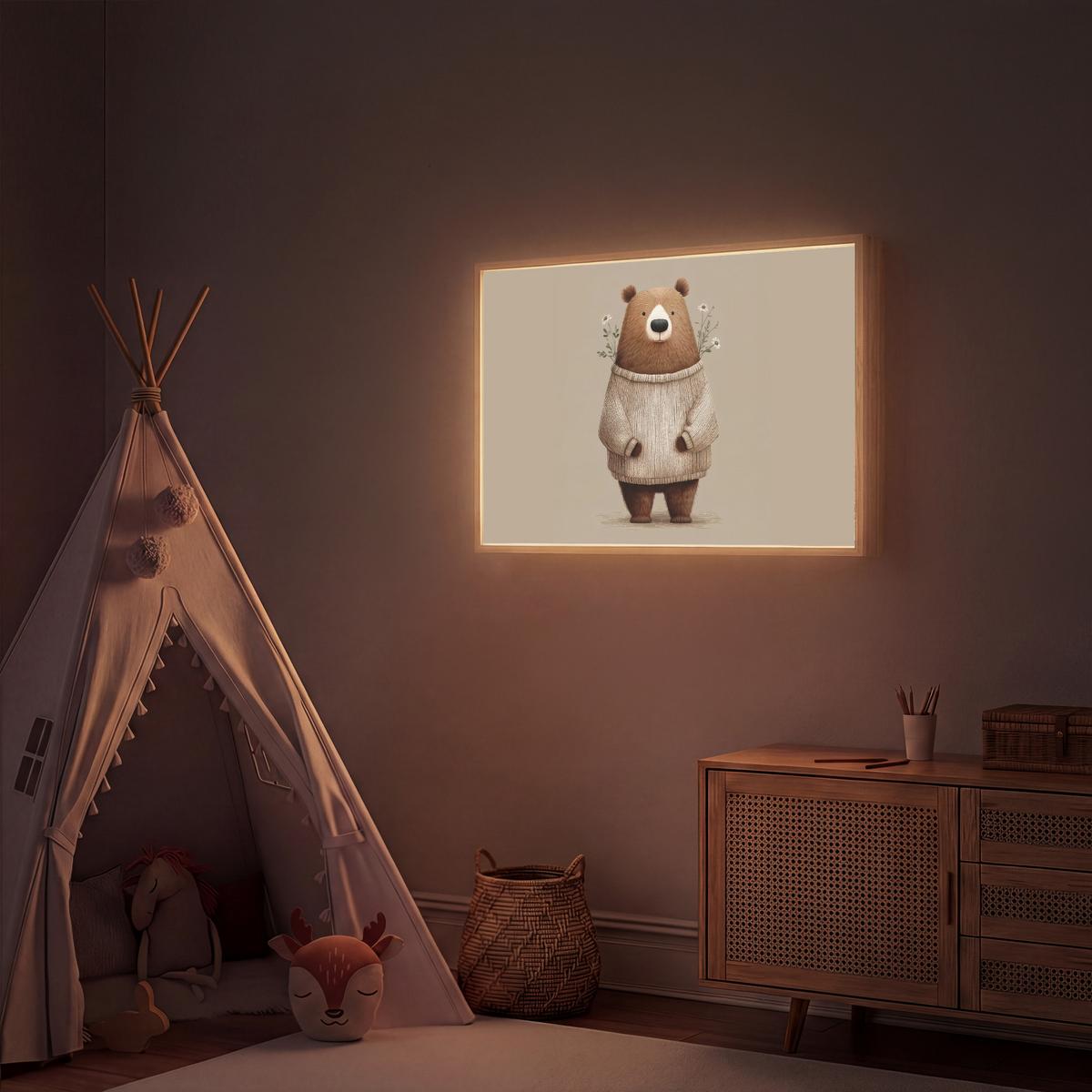 NACHTTISCHLAMPE MIT AKKU Bär - Weiße Blumen - Gemütlich 90x60 cm - Taupe, Holzwerkstoff (8/90/60cm) - OnlyWow