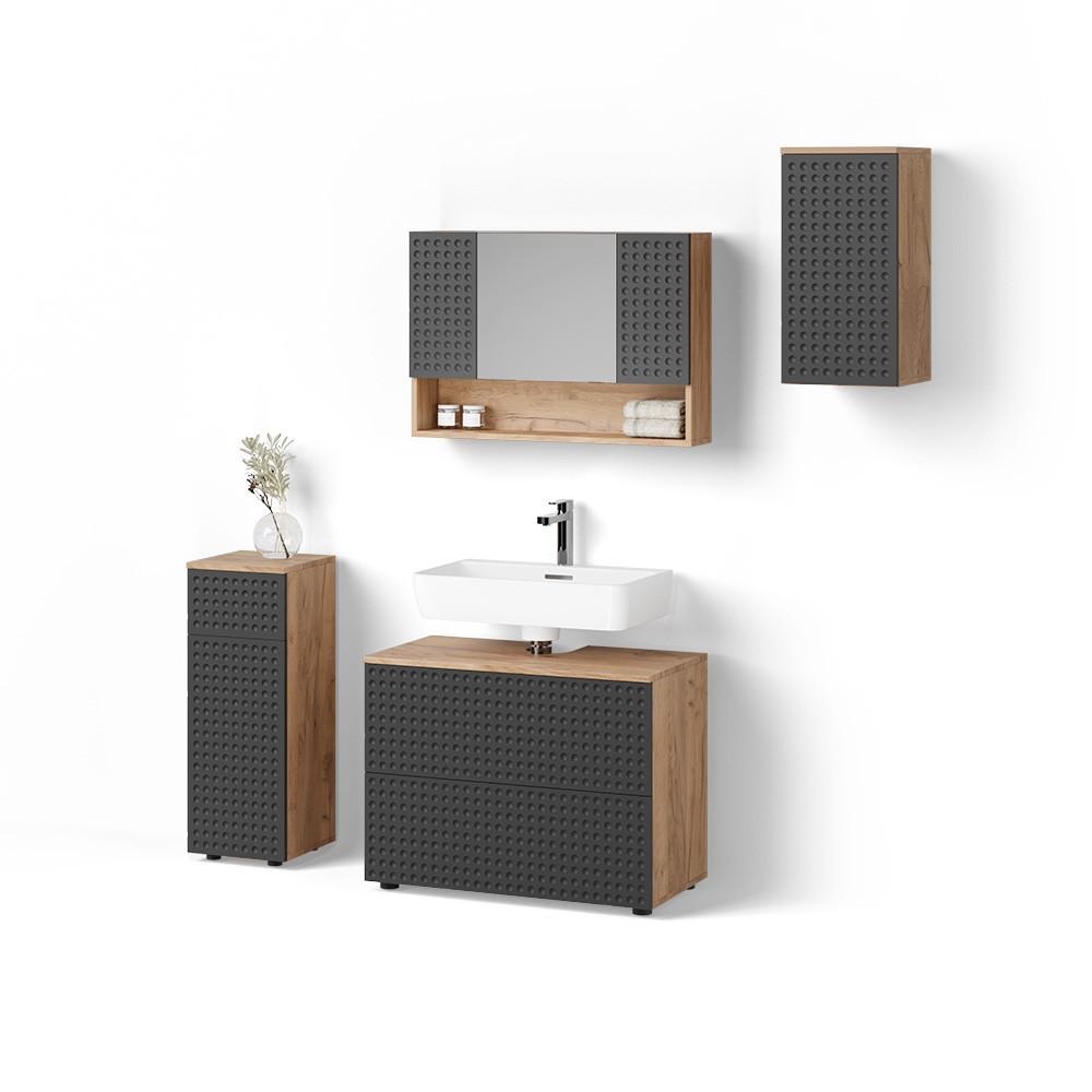 BADMÖBEL-SET Ronco Anthrazit mit Wabenstruktur 4 Teile - Anthrazit, Holzwerkstoff (80/58/41cm) - Livinity®