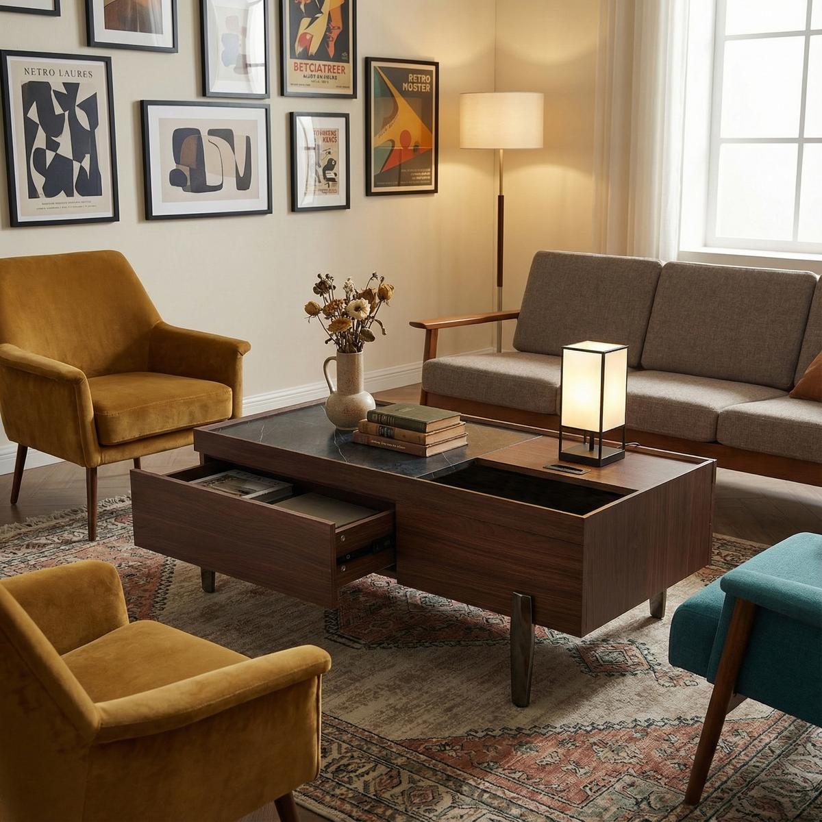 COUCHTISCH in Dunkelbraun & Marmor-Optik - Weiß, Holzwerkstoff (50/105/42cm) - Urban Meuble