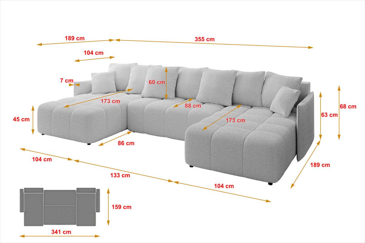 WOHNLANDSCHAFT LONLI-U 355x189x68 Hellgrau Bouclé - Hellgrau, Holzwerkstoff/Kunststoff (355/68/189cm) - ALTDECOR