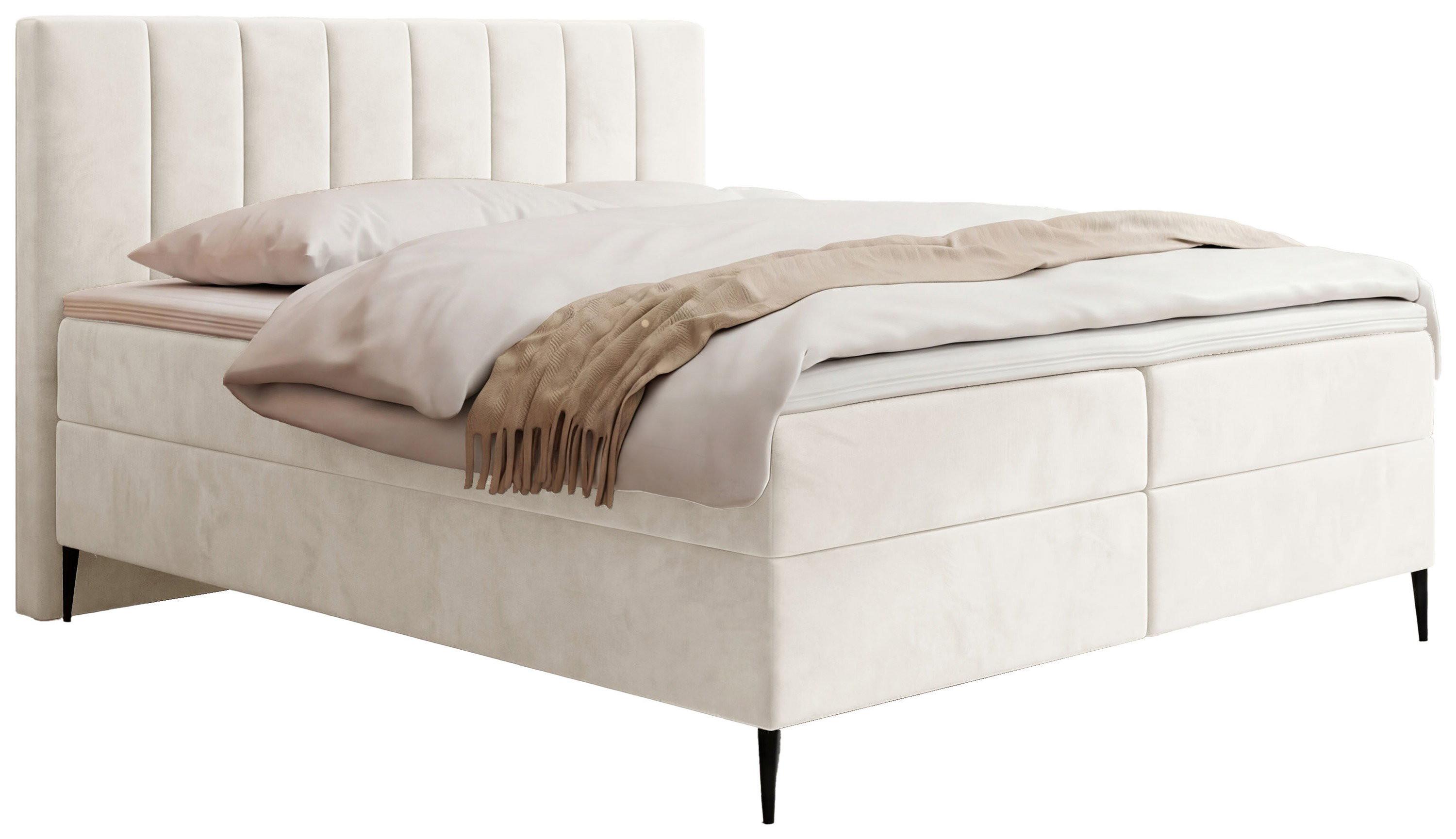 BOXBETT Allen mit Bettkasten, Samt Creme 140x200 cm – inkl. H4 Taschenfederkern Matratze & Foam Topper - Beige/Creme, Holz/Holzwerkstoff (140/200cm) - WFL GROUP