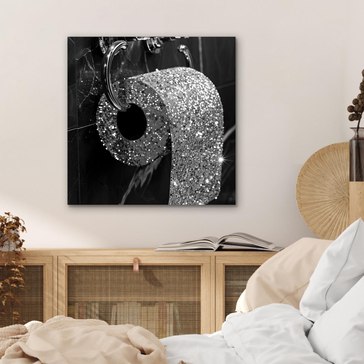 METALLBILD WC - Toilettenpapier - Schwarz und weiß - Glitter 50x50 cm - Silberfarben, Metall (50/50cm) - MuchoWow