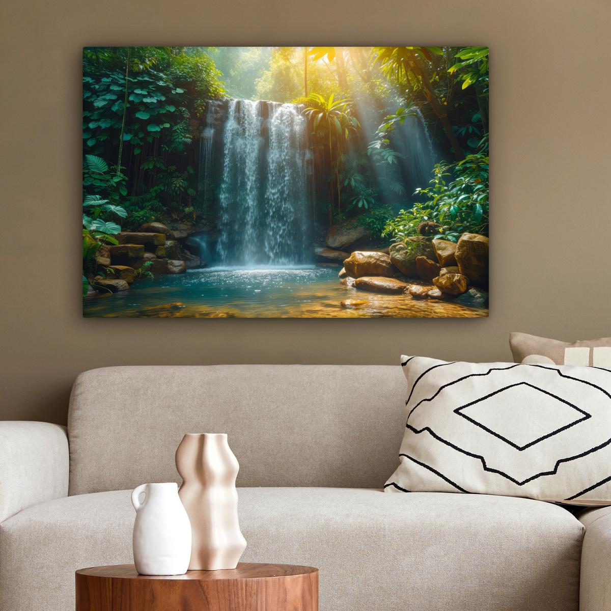 LEINWANDBILD Wasserfall - Dschungel - Sonne - Grün - Natur Gemälde 60x40 cm - Grün, Textil (60/40cm) - MuchoWow