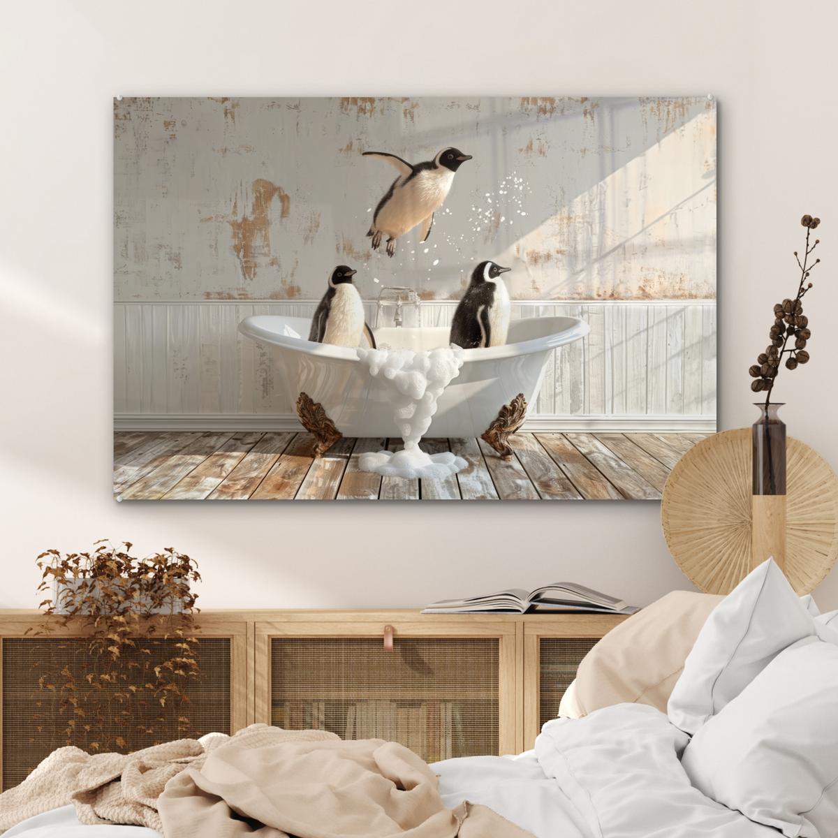 ACRYLGLASBILD Vintage - Pinguin - Badewanne - Schaumstoff Room Decor 90x60 cm - Schwarz, Glas (90/60cm) - MuchoWow