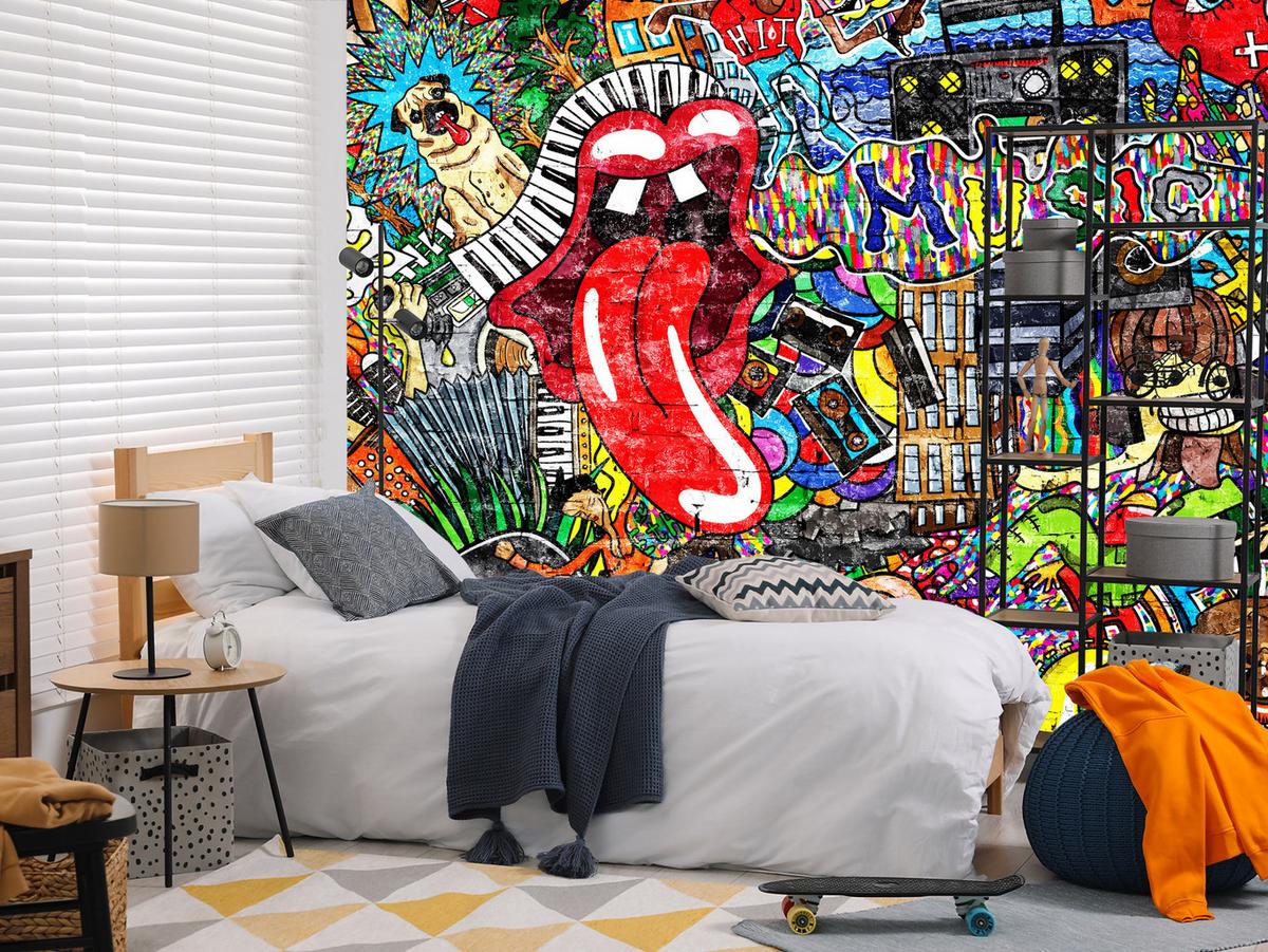 FOTOTAPETE für Jugendzimmer GRAFFITI Musik Abstrakt Farben 100x70 - Blau/Gelb, Papier (100/70cm) - Muralo