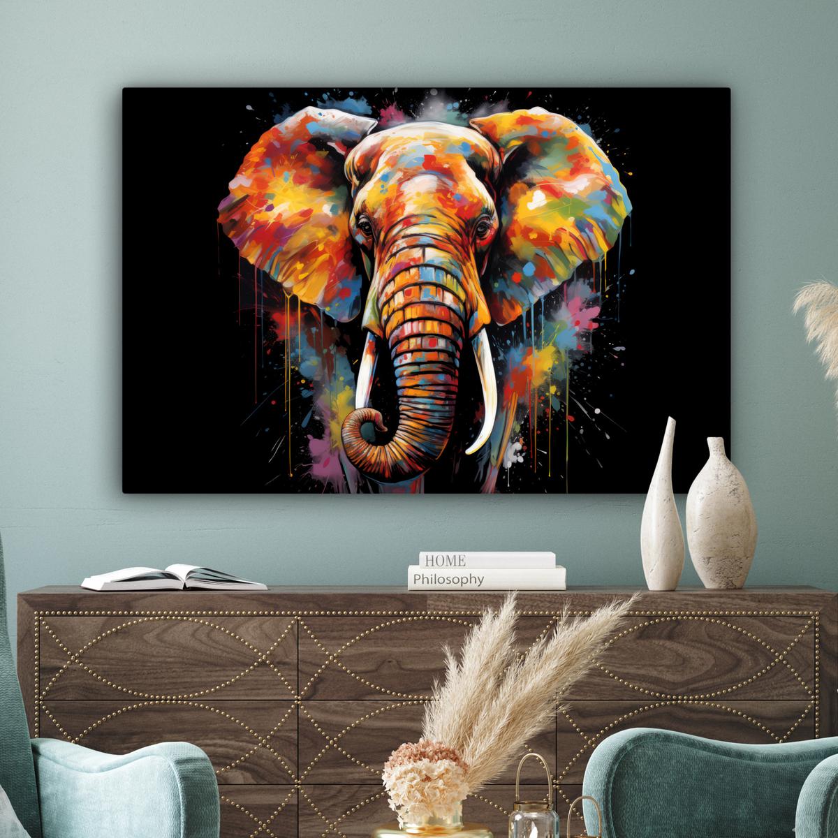 LEINWANDBILD Elefant - Graffiti - Schwarz - Tiere - Farben Groß 140x90 cm - Schwarz, Textil (140/90cm) - MuchoWow