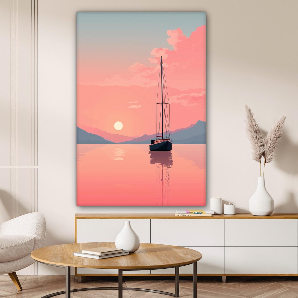 LEINWANDBILD Segelboot - Rosa Meer - Sonnenuntergang - Berge Deko XXL 80x120 cm - Rosa, Textil (80/120cm) - MuchoWow