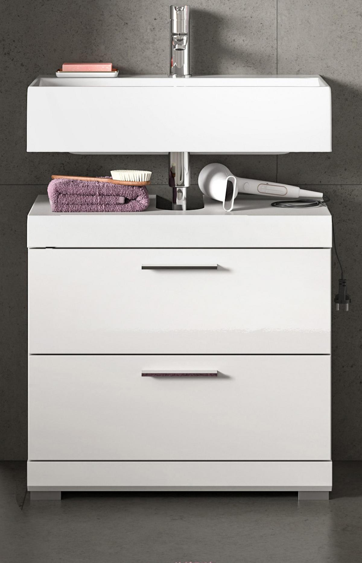 WASCHBECKENUNTERSCHRANK weiß Hochglanz 60 cm mit Vollauszug Schubkästen - Weiß Hochglanz/Silberfarben, Holzwerkstoff/Kunststoff (60/56/37cm) - Inn.Furn