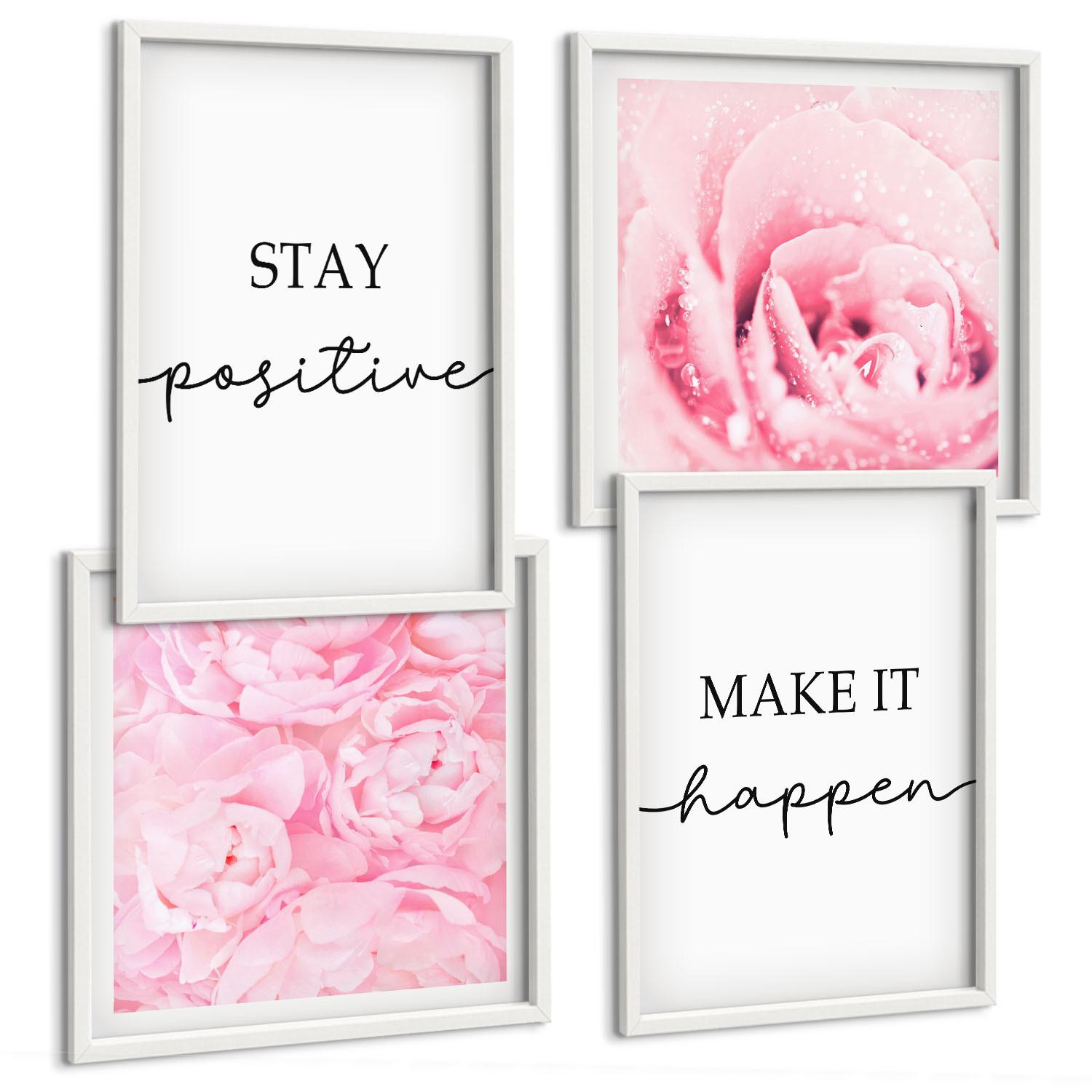 BILDER SET 4er Set - 50x50 cm & 40x60 cm Weißer Rahmen - Minimalistische rosa Blüten - Weiß, Kunststoff (50/50cm) - TULUP