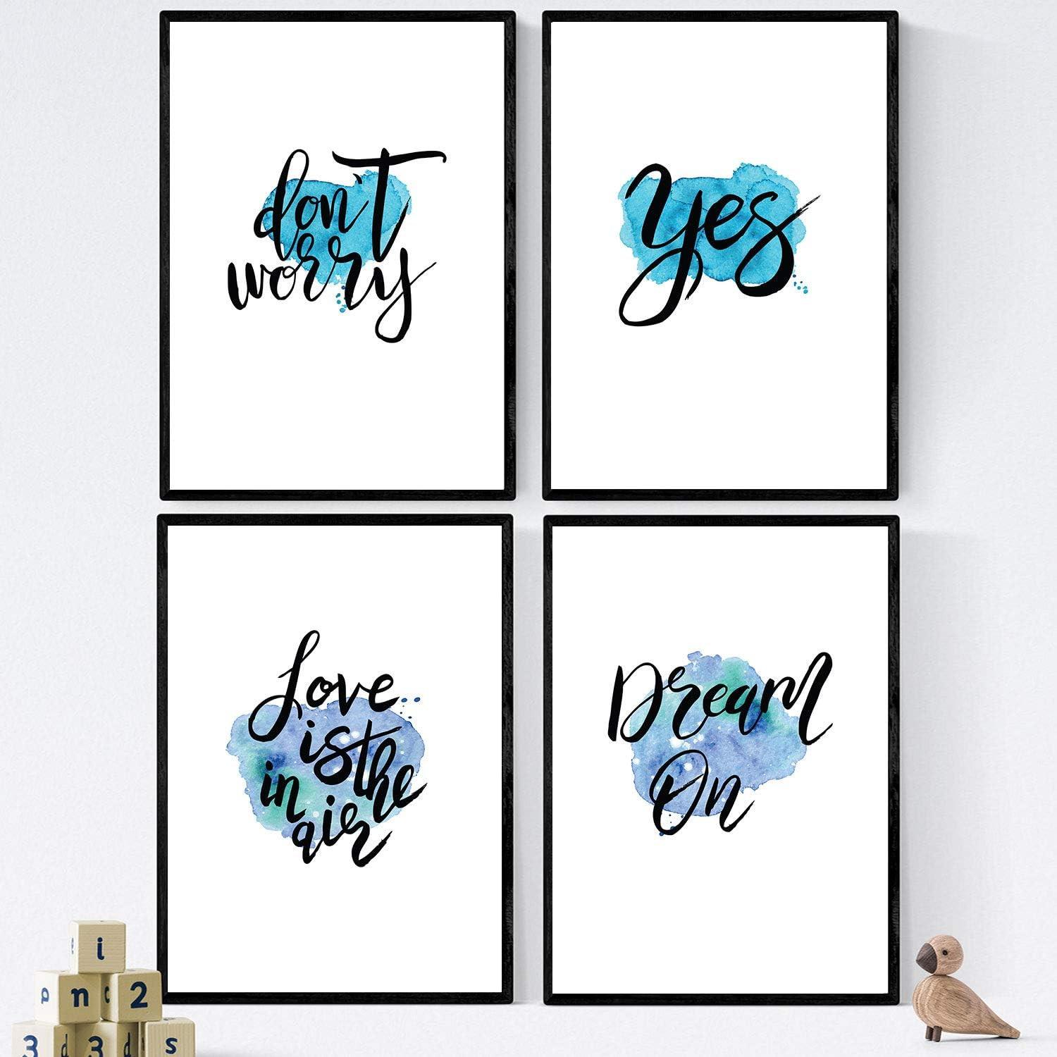 POSTER Set mit 4 glücklich und bunt Love Is In The Air A4 Schwarzer Rahmen - Schwarz, Papier (29.7/3cm) - Nacnic