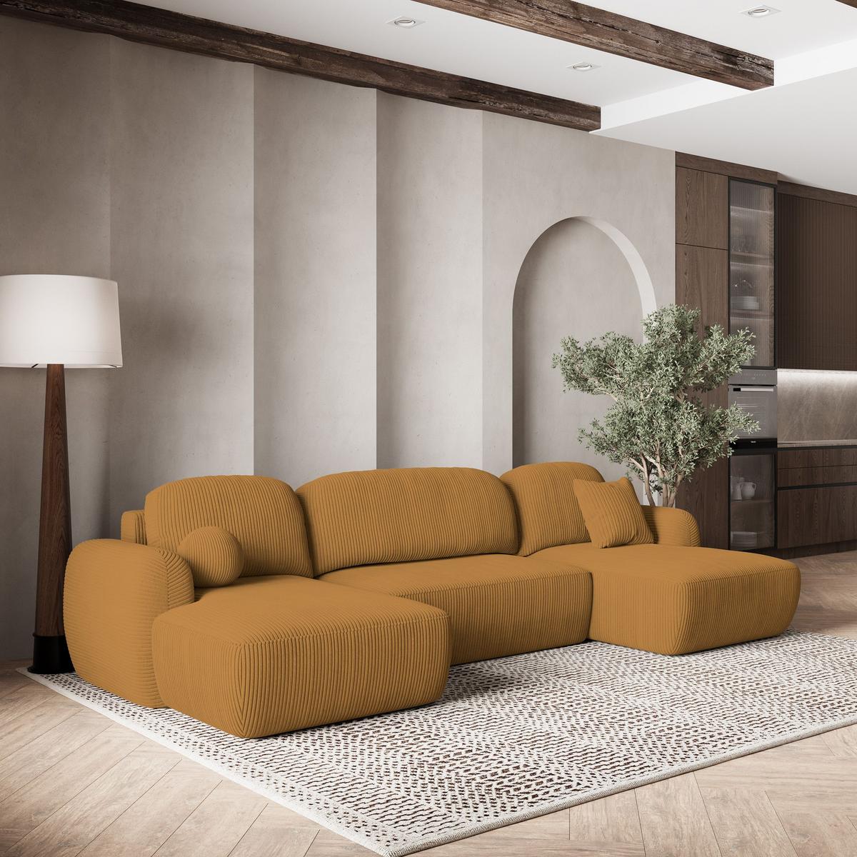 WOHNLANDSCHAFT SAVONA P Gelb Kordstoff mit Schlaffunktion - Gelb/Schwarz, Holz/Kunststoff (320/90/148cm) - MASSENO