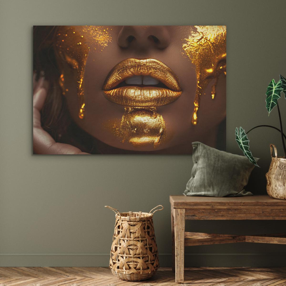 AKUSTIKBILD Frau - Gold - Luxus - Porträt Wandbild Wohnzimmer 100x70 cm - Goldfarben, Kunststoff (100/70/0.9cm) - MuchoWow