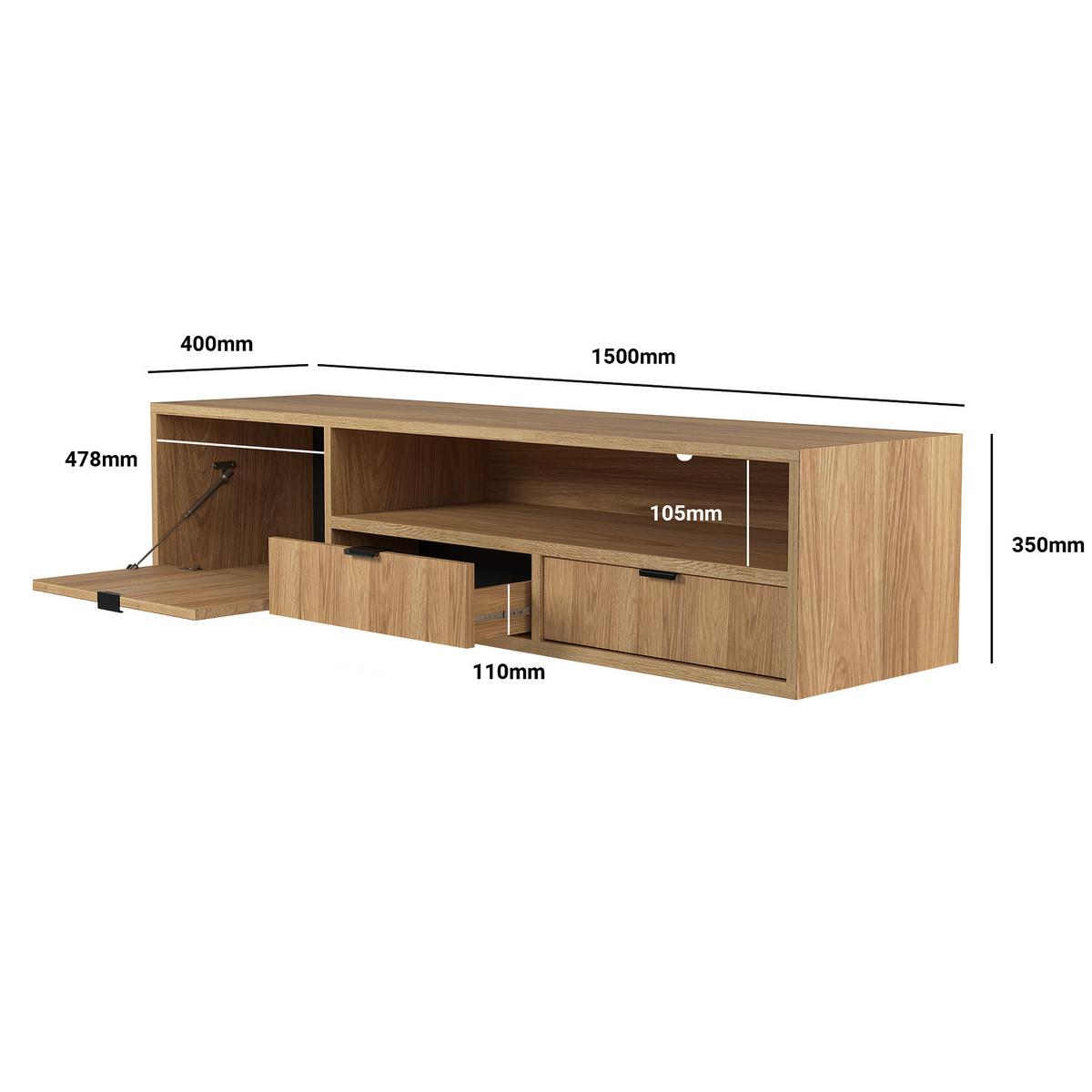 HÄNGELOWBOARD Evron mit 2 Schubladen und 1 Tür, 150 cm, Hikora Eiche - Eichefarben, Holzwerkstoff (150/35/40cm) - Beautysofa