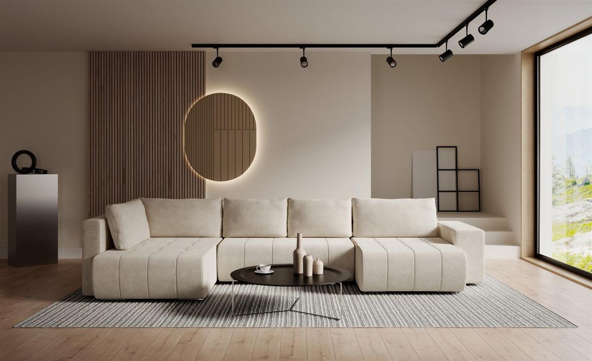 WOHNLANDSCHAFT Armanda - Creme, Holzwerkstoff/Textil (392/83/185cm) - Fun Möbel