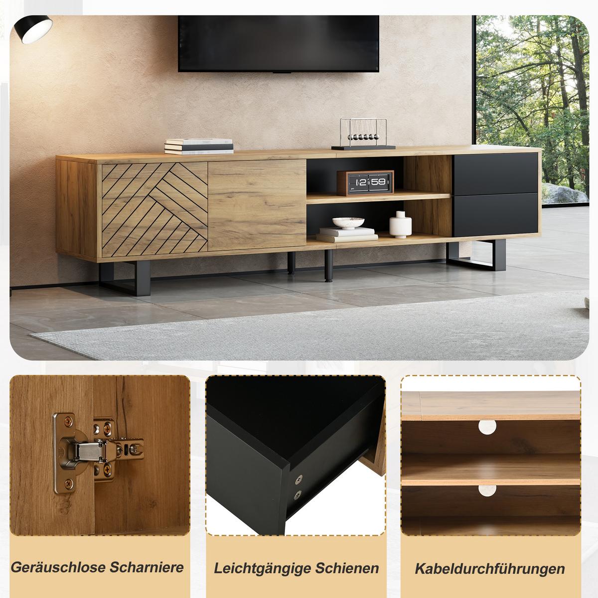 TV-LOWBOARD 180cm Holzoptik & Schwarz für 75-Zoll TV mit 2 Schubladen & Metallbeinen - Naturfarben, Holzwerkstoff (180/50/40cm) - Urban Meuble