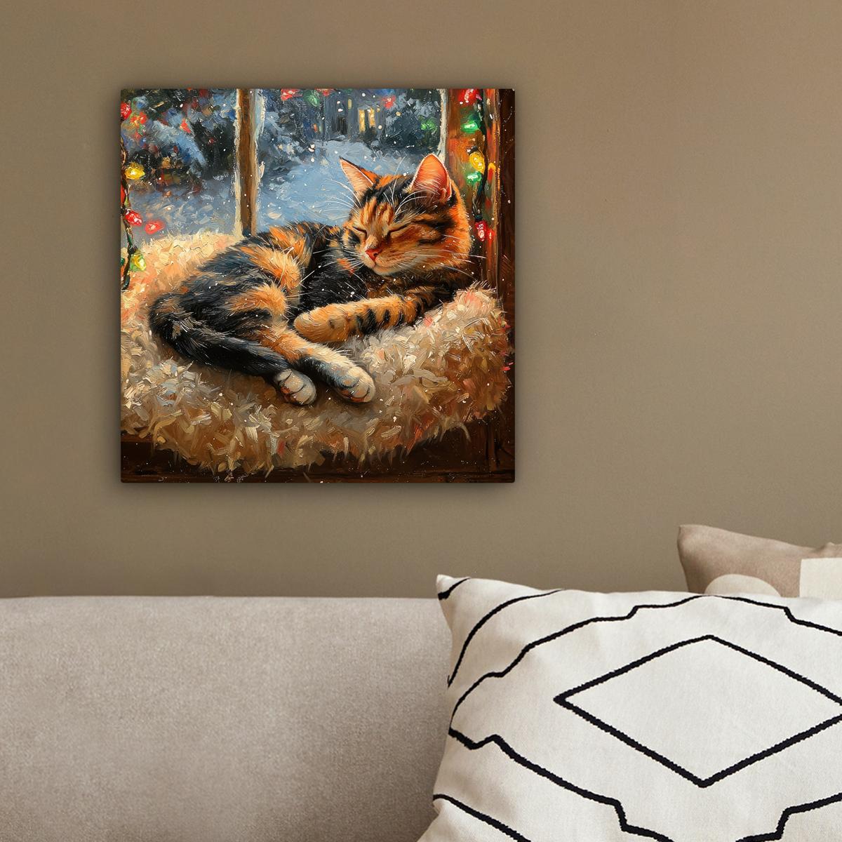 LEINWANDBILD Katze - Weihnachten - Winter - Tier Deko Wohnzimmer 20x20 cm - Bernsteinfarben, Textil (20/20cm) - MuchoWow