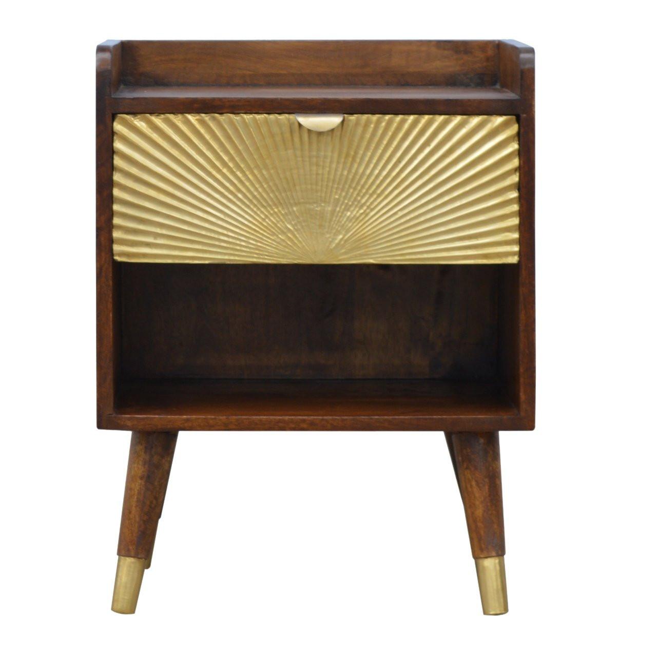 NACHTTISCH aus Massivholz, 1 Schublade, 1 Offenes Fach, Nordische Beine, Braun und Goldfarben - Messingfarben/Braun, Holz/Metall (45/58/35cm) - Artisan Furniture