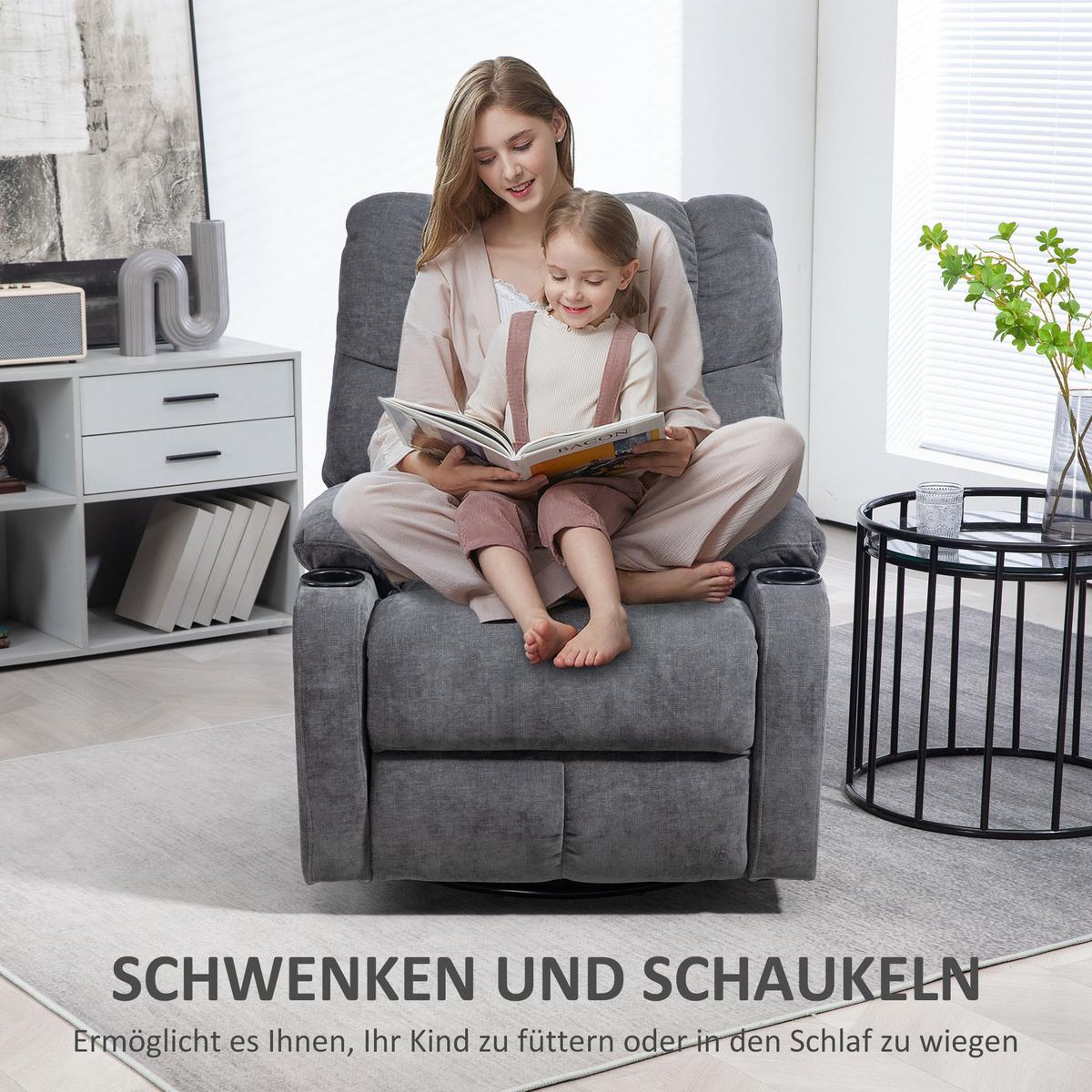 RELAXSESSEL Drehbar Fernsehsessel mit Liegefunktion, Schaukelfunktion Dunkelgrau - Dunkelgrau/Schwarz, Textil/Metall (96/108/88cm) - HOMCOM