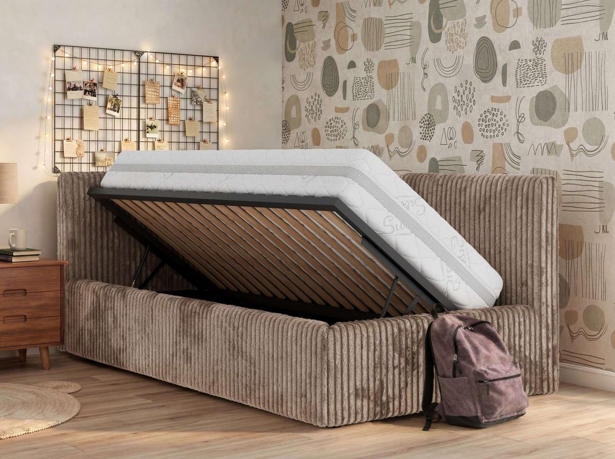 POLSTERBETT TILVO 90/200 - Braun Cord - Multitaschenfederkernmatratze - Links - Braun, Textil (90/200cm) - MKS