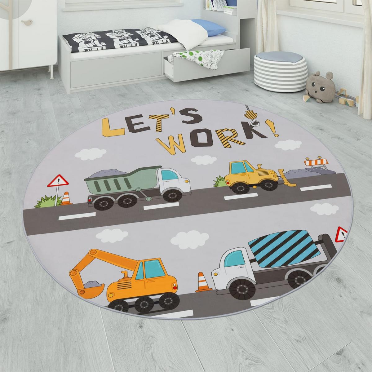 KINDERTEPPICH Waschbar, mit Baustellenfahrzeug-Motiv, Grau, Ø 160 cm - Grau, Textil (160/160cm) - KADIMA DESIGN