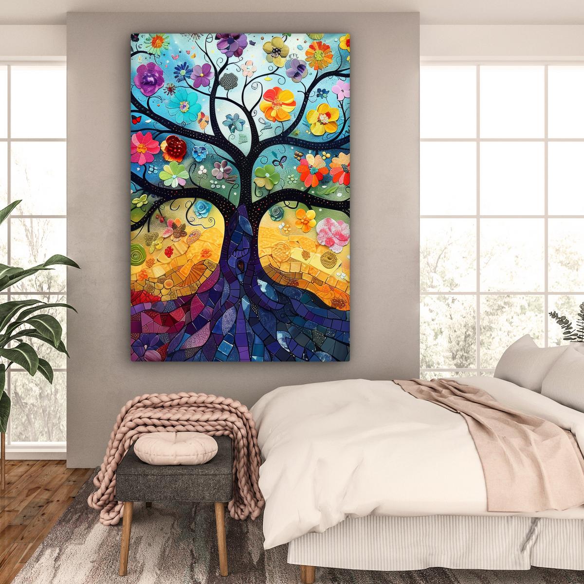 LEINWANDBILD Kunst - Baum des Lebens - Blumen - Hippie Deko Groß 90x140 cm - Dunkelblau, Textil (90/140cm) - MuchoWow